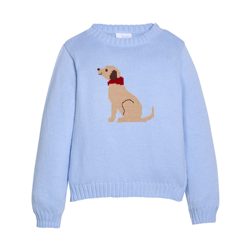 Light blue sweater with a dog design on a white background.