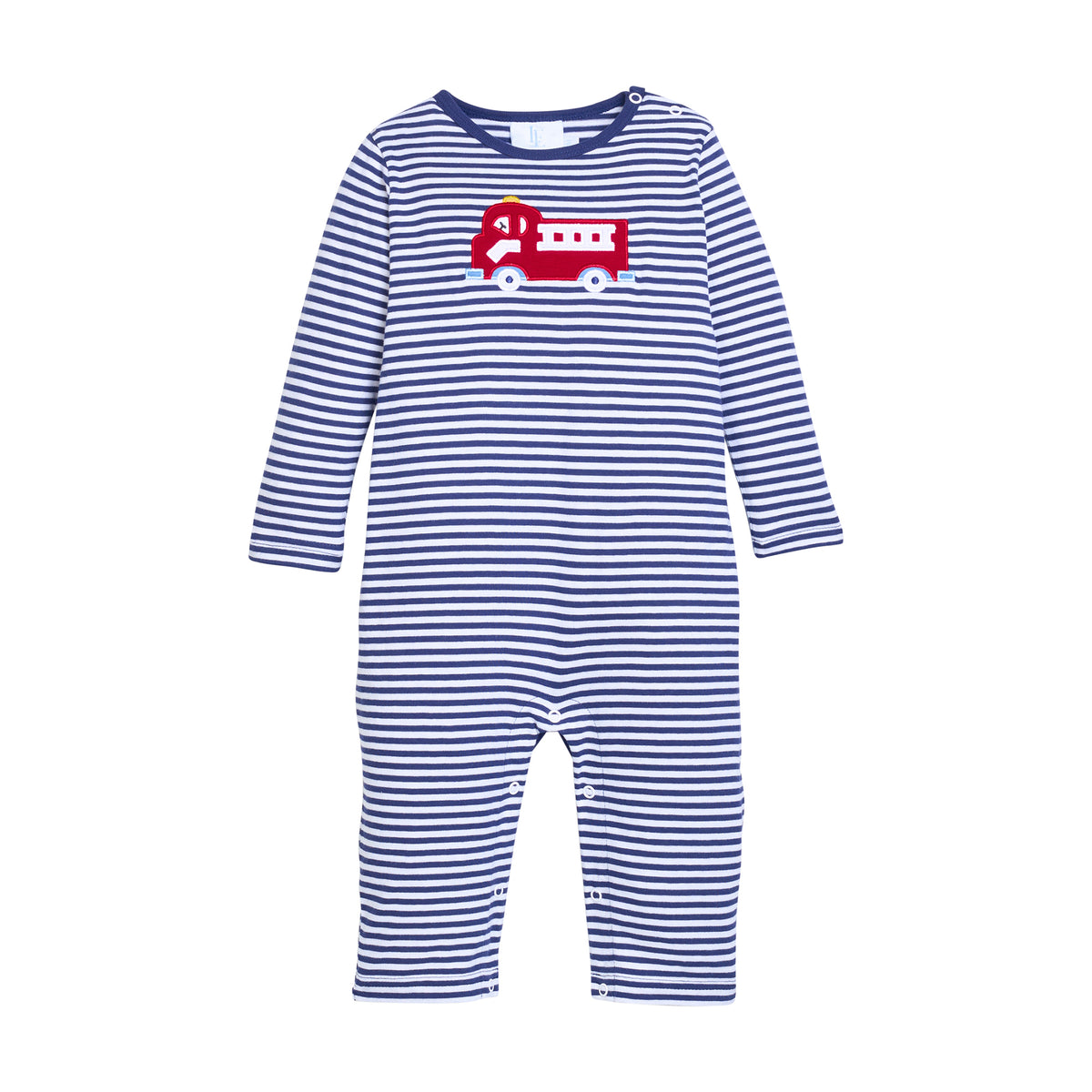Blue and white striped baby romper with red fire truck design on a white background.
