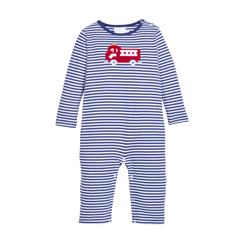Blue and white striped baby romper with red fire truck design on a white background.