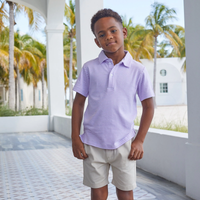 Young boy wearing a purple striped polo shirt and beige shorts standing in front of a white architectural structure with palm trees in the background.
