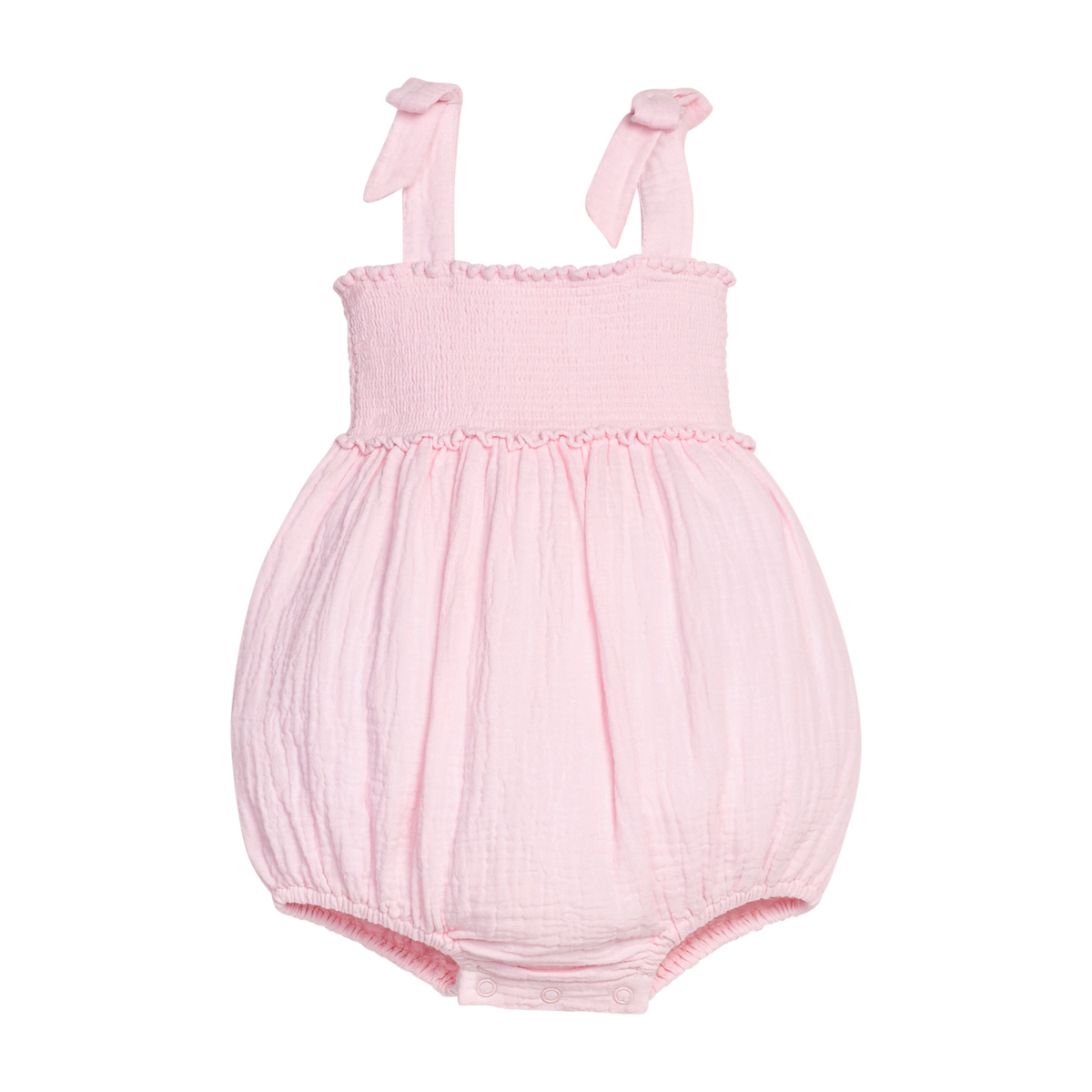Children's pink romper with smocked bodice, shoulder straps on a white background.