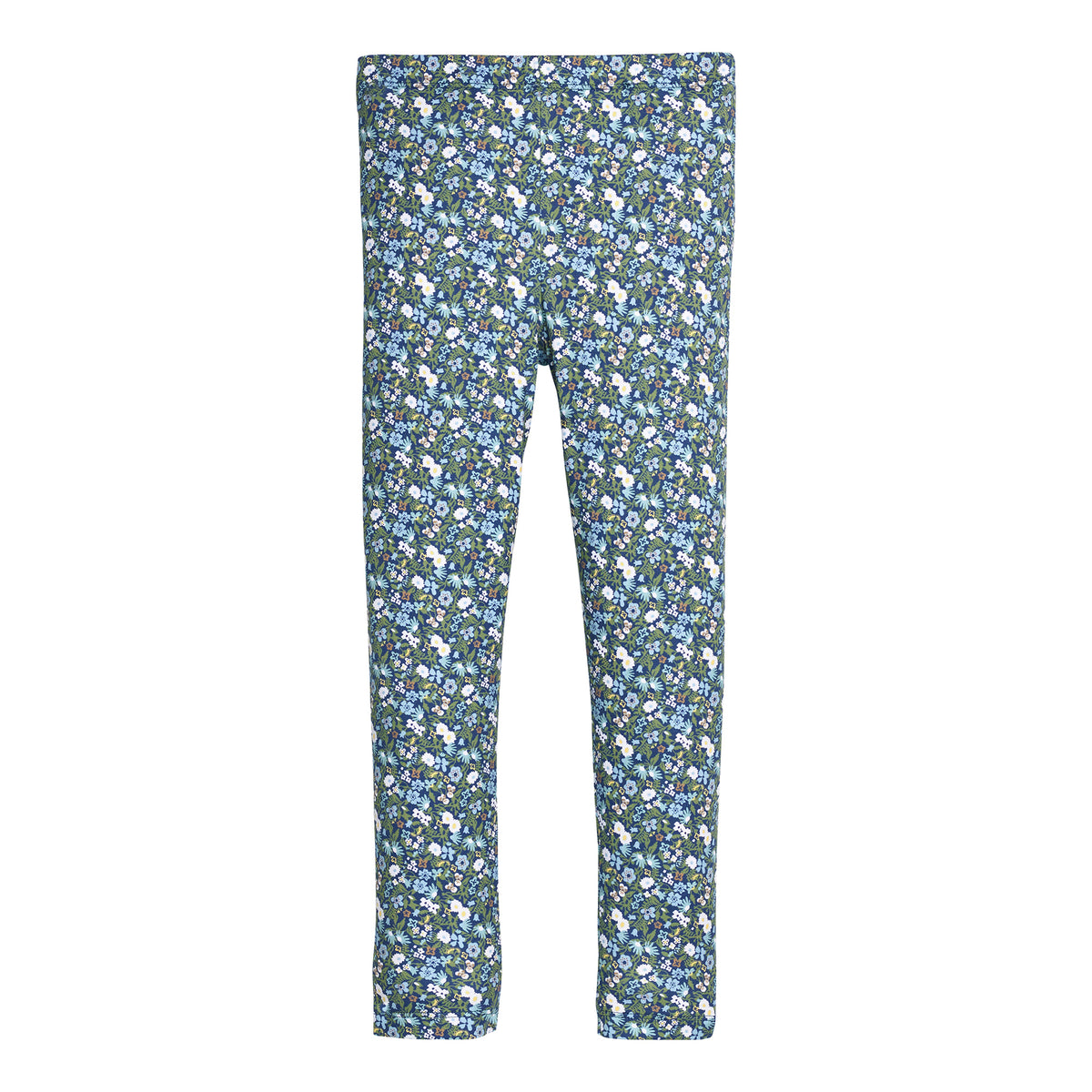 Blue and green floral leggings on a white background.