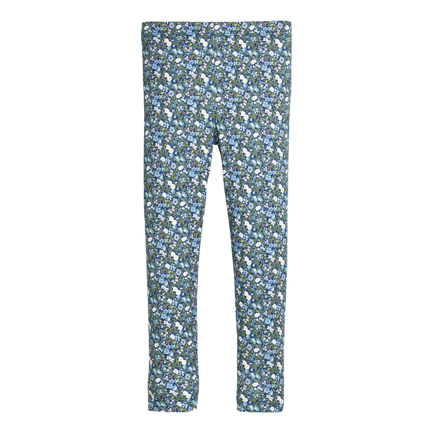 Blue and green floral leggings on a white background.