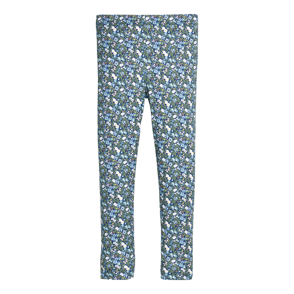 Blue and green floral leggings on a white background.