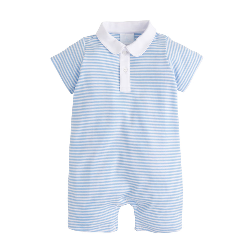 Peter Pan Polo Romper in Light Blue Stripe