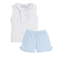 Children's sleeveless top and striped shorts set on a white background.