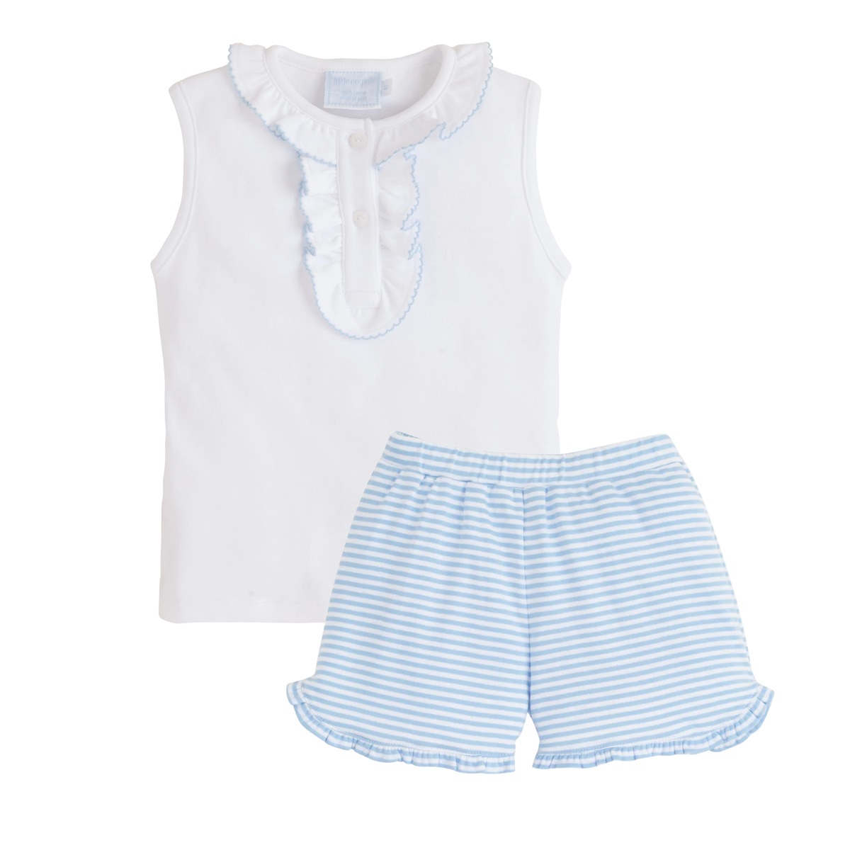 Children's sleeveless top and striped shorts set on a white background.
