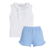 White sleeveless top with ruffled collar and light blue shorts on a white background.
