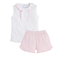 White sleeveless top with pink trim around the ruffled collar and placket and pink striped shorts on a white background.