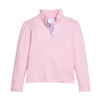 Pink pullover with ruffled collar on a white background.