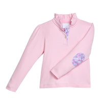 Pink pullover top with ruffled collar with floral elbow patches and placket on a white background.