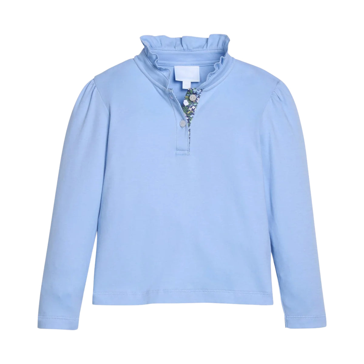 A light blue long-sleeve top with a ruffled mock neck, a short button placket, and a decorative floral pattern along the inner placket, shown on a plain white background.