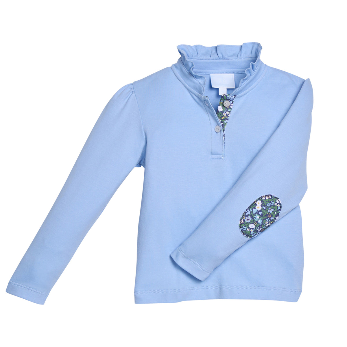 Light blue long-sleeve shirt with floral elbow patches and placket on a white background.