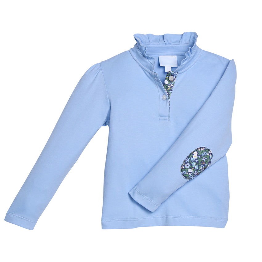 Light blue long-sleeve shirt with floral elbow patches and placket on a white background.