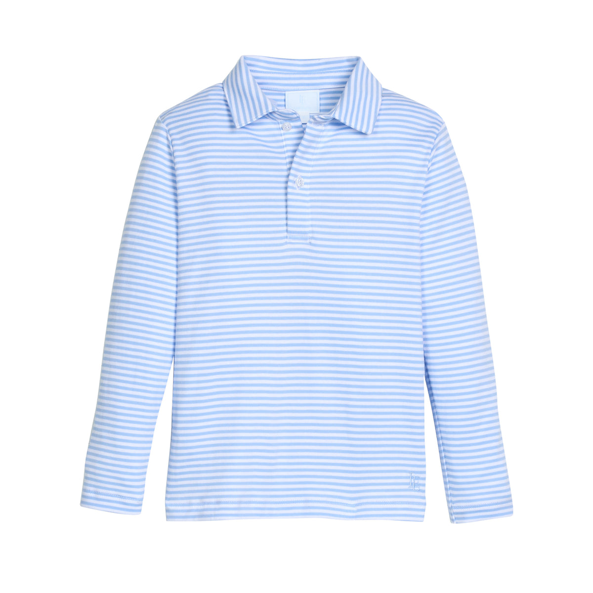 Blue and white striped long-sleeve pull over shirt on a white background.