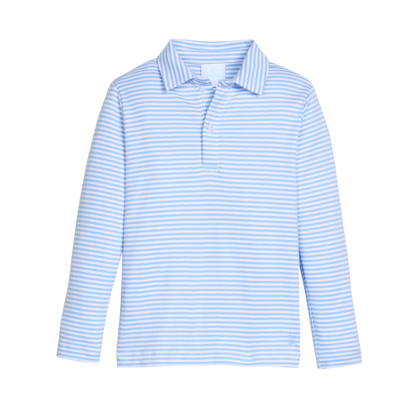 Blue and white striped long-sleeve pull over shirt on a white background.