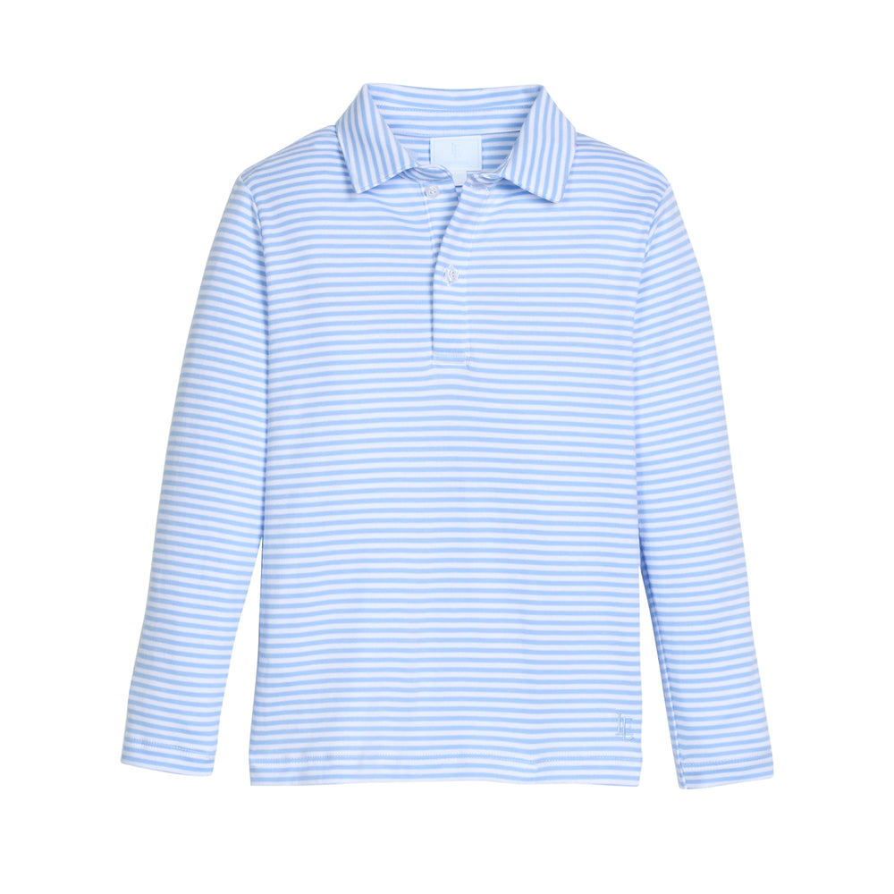 Blue and white striped long-sleeve pull over shirt on a white background.