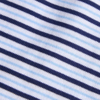 Close-up of a striped knit fabric with alternating navy blue, white, and light blue diagonal stripes.