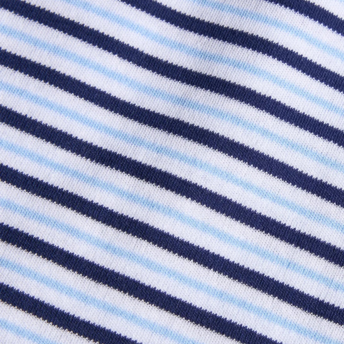 Close-up of a striped knit fabric with alternating navy blue, white, and light blue diagonal stripes.