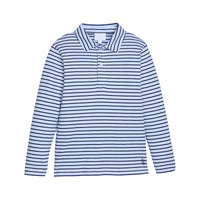 Blue and white striped long-sleeve shirt on a white background.