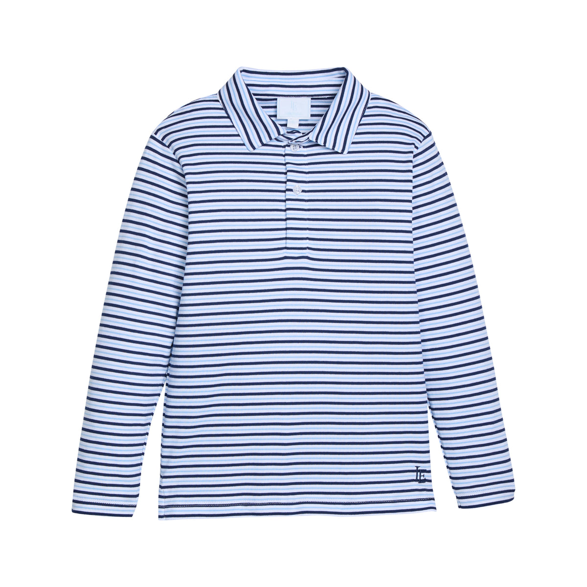 Blue and white striped long-sleeve shirt on a white background.