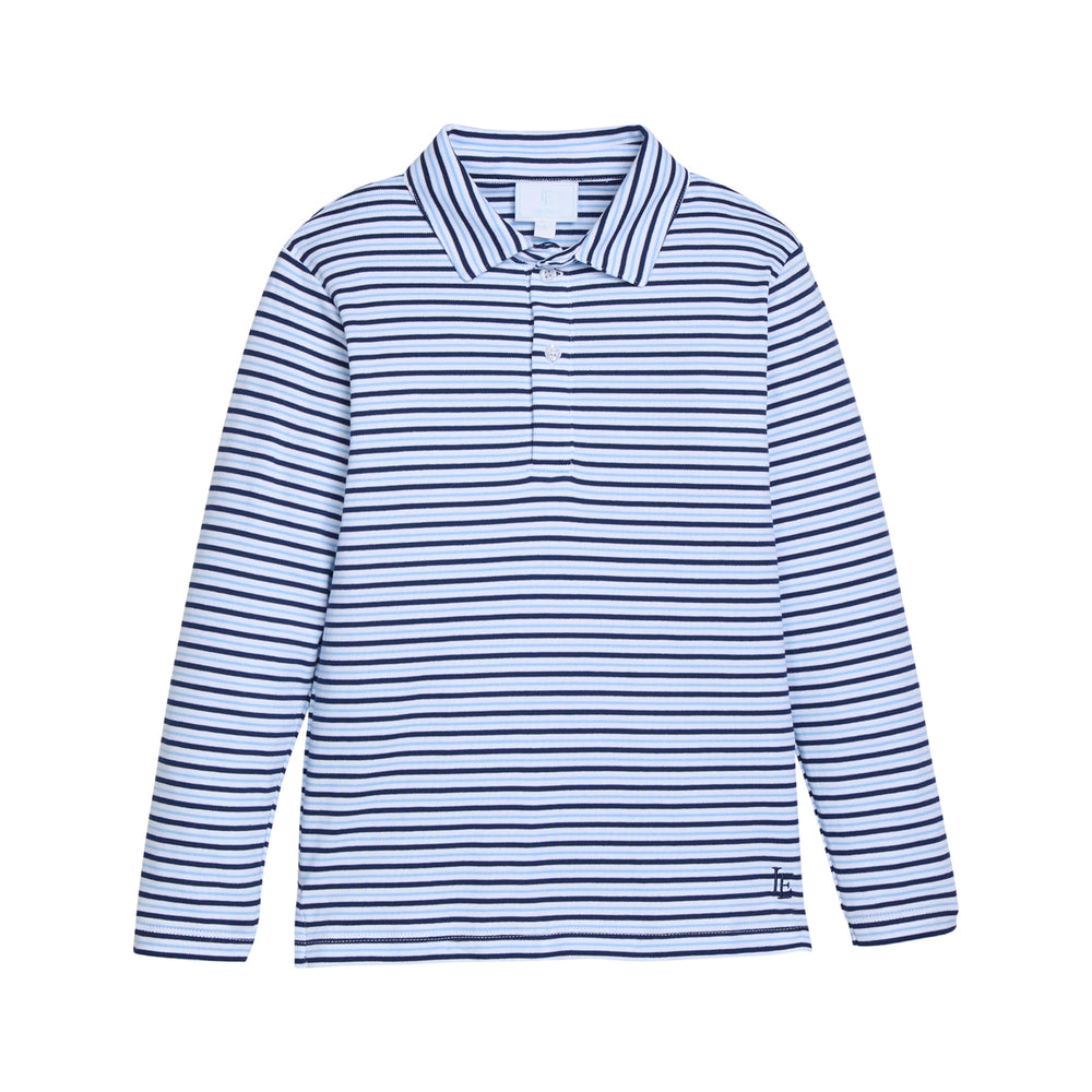 Blue and white striped long-sleeve shirt on a white background.