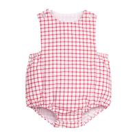 Red and white window pane romper on a white background.