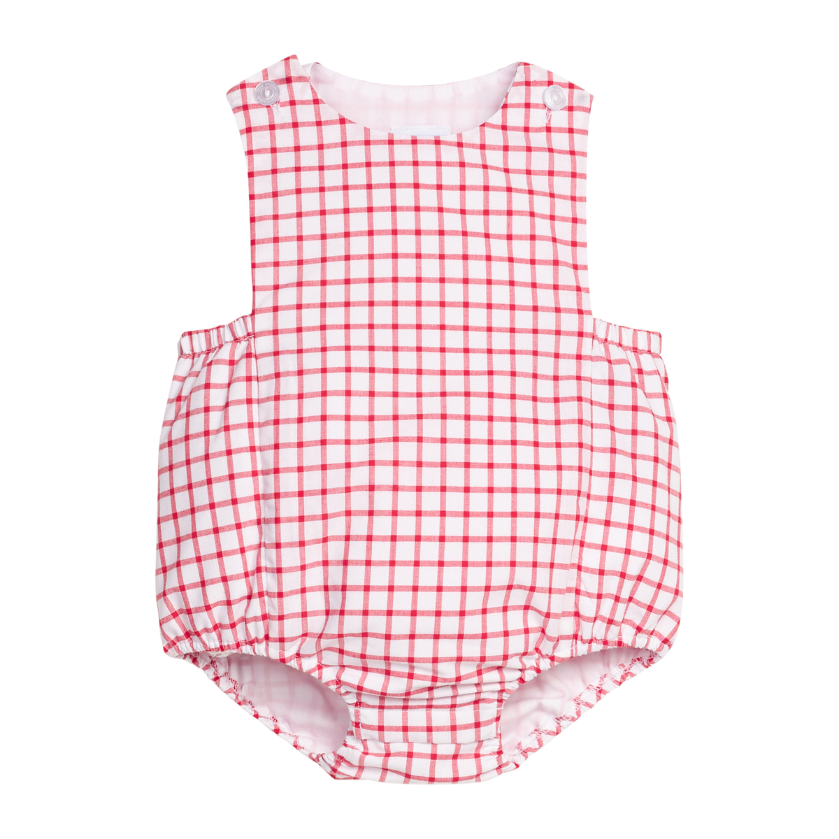 Red and white window pane romper on a white background.