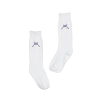 White knee socks with blue bows on a white background.