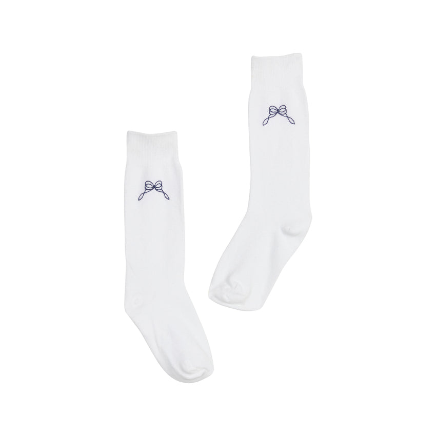 White knee socks with blue bows on a white background.