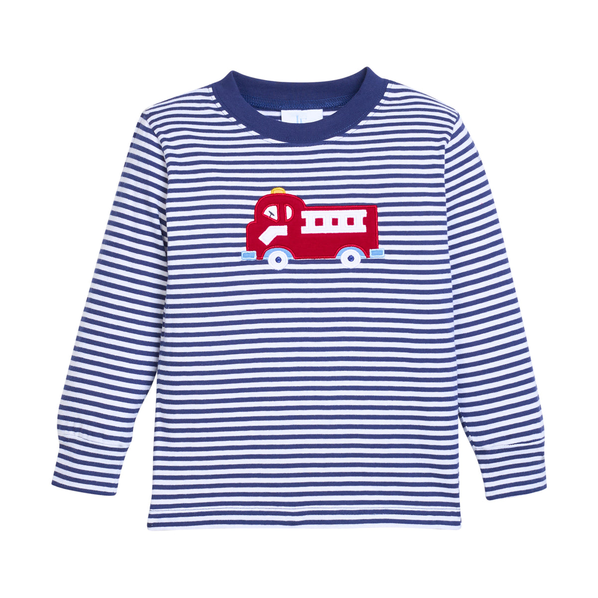 Blue and white striped long-sleeve shirt with a red fire truck graphic on a white background.