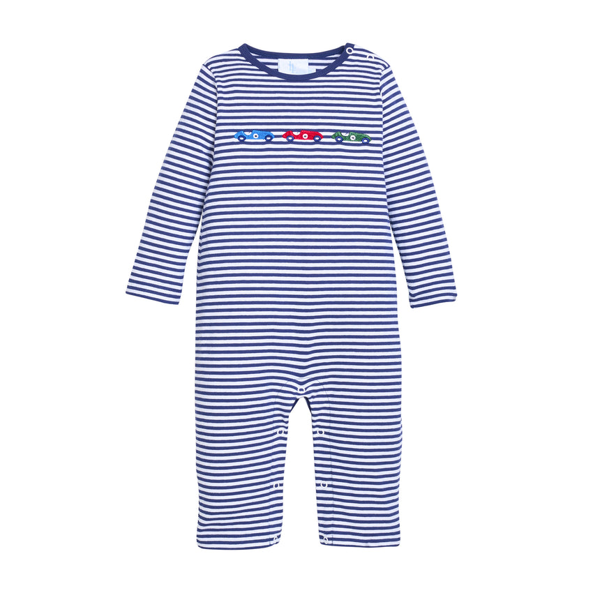 Blue and white striped long romper with a trio of race cars across chest on a white background.