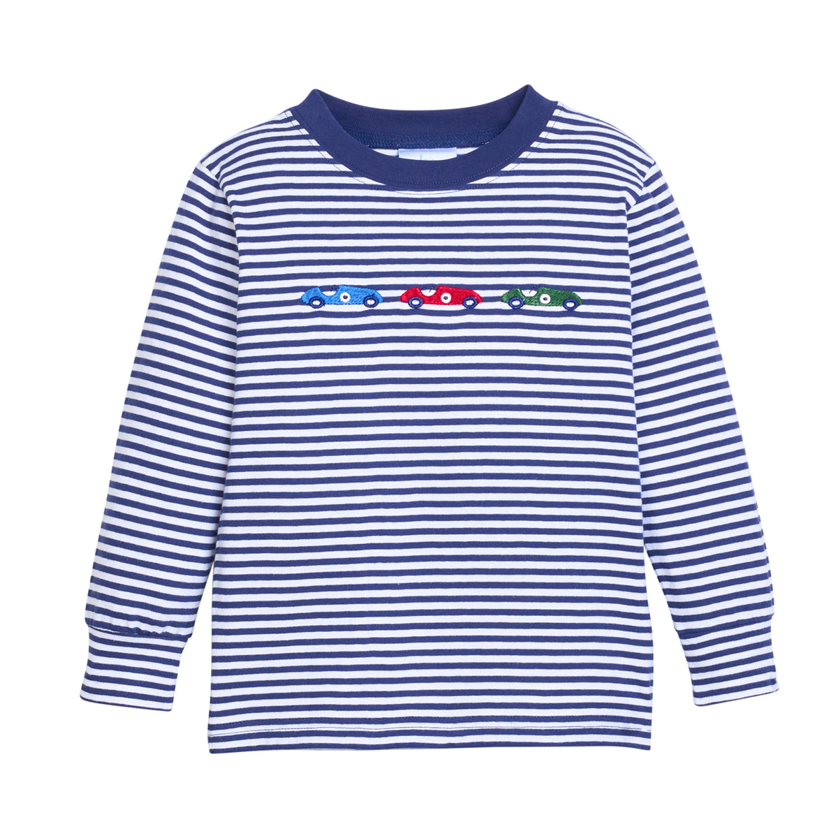 Blue and white striped long-sleeve shirt with a trio of race cars across the chest on a white background.