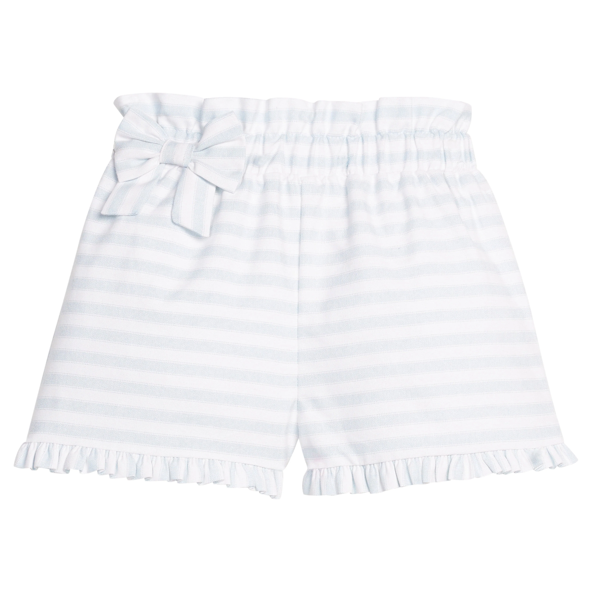 Striped white shorts with a bow and leg ruffle details on a white background.