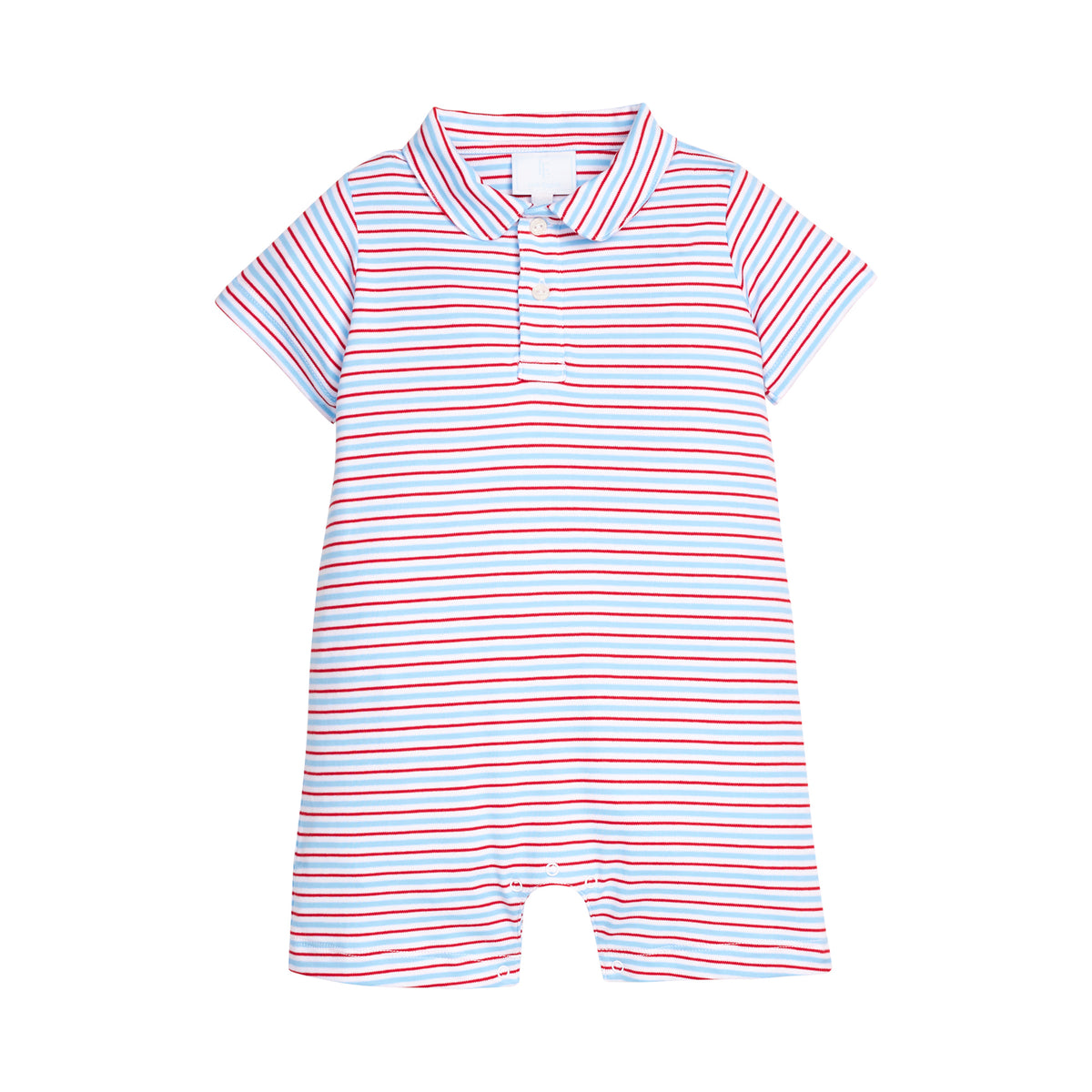 Red, white and blue striped baby romper on a white background.