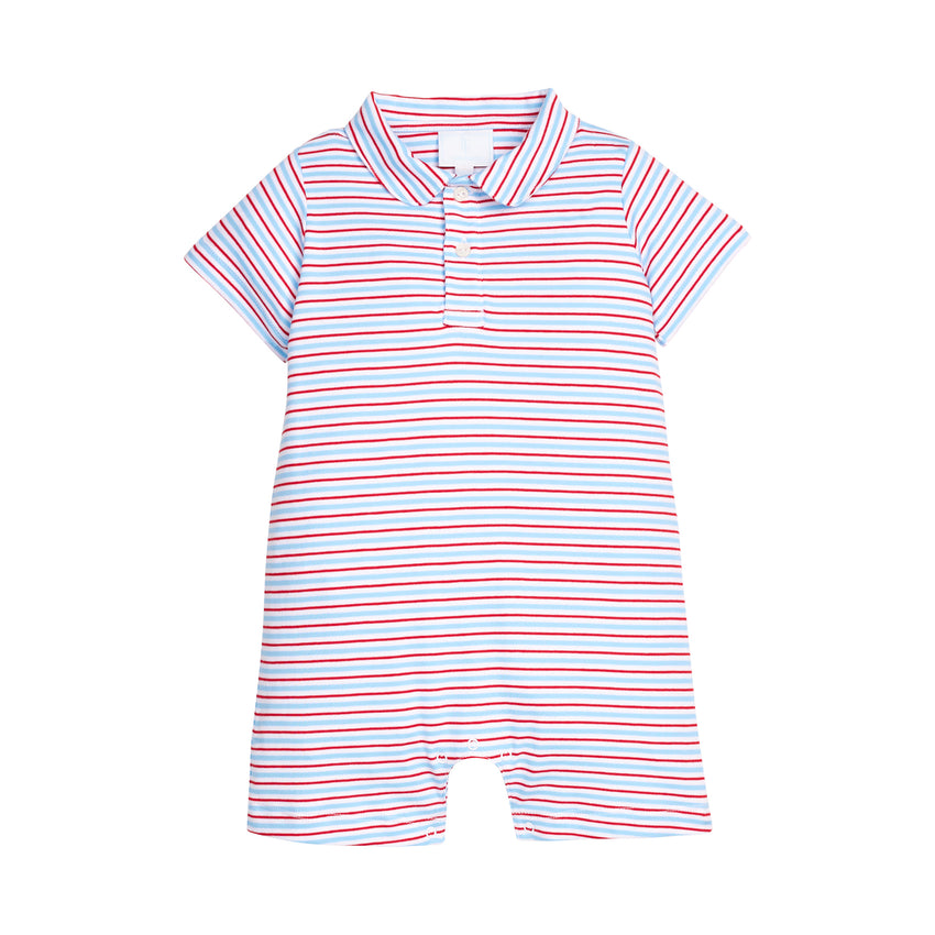 Red, white and blue striped baby romper on a white background.
