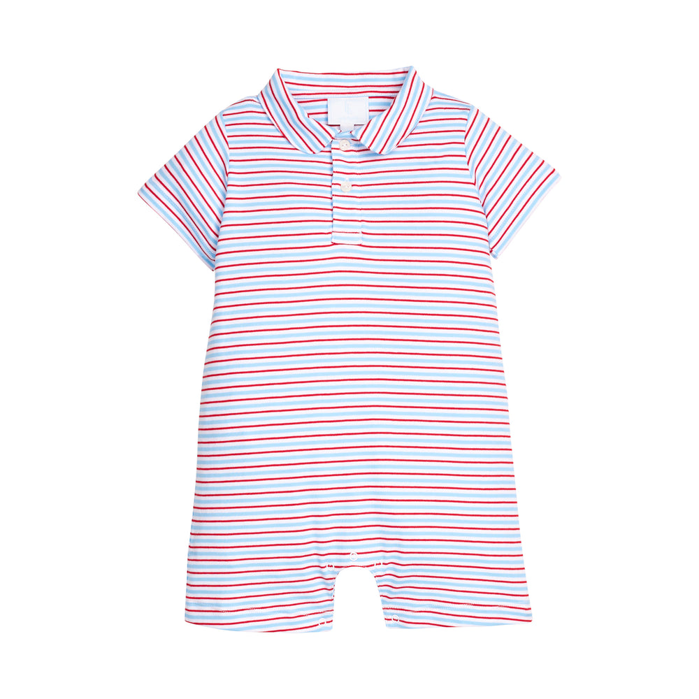 Red, white and blue striped baby romper on a white background.