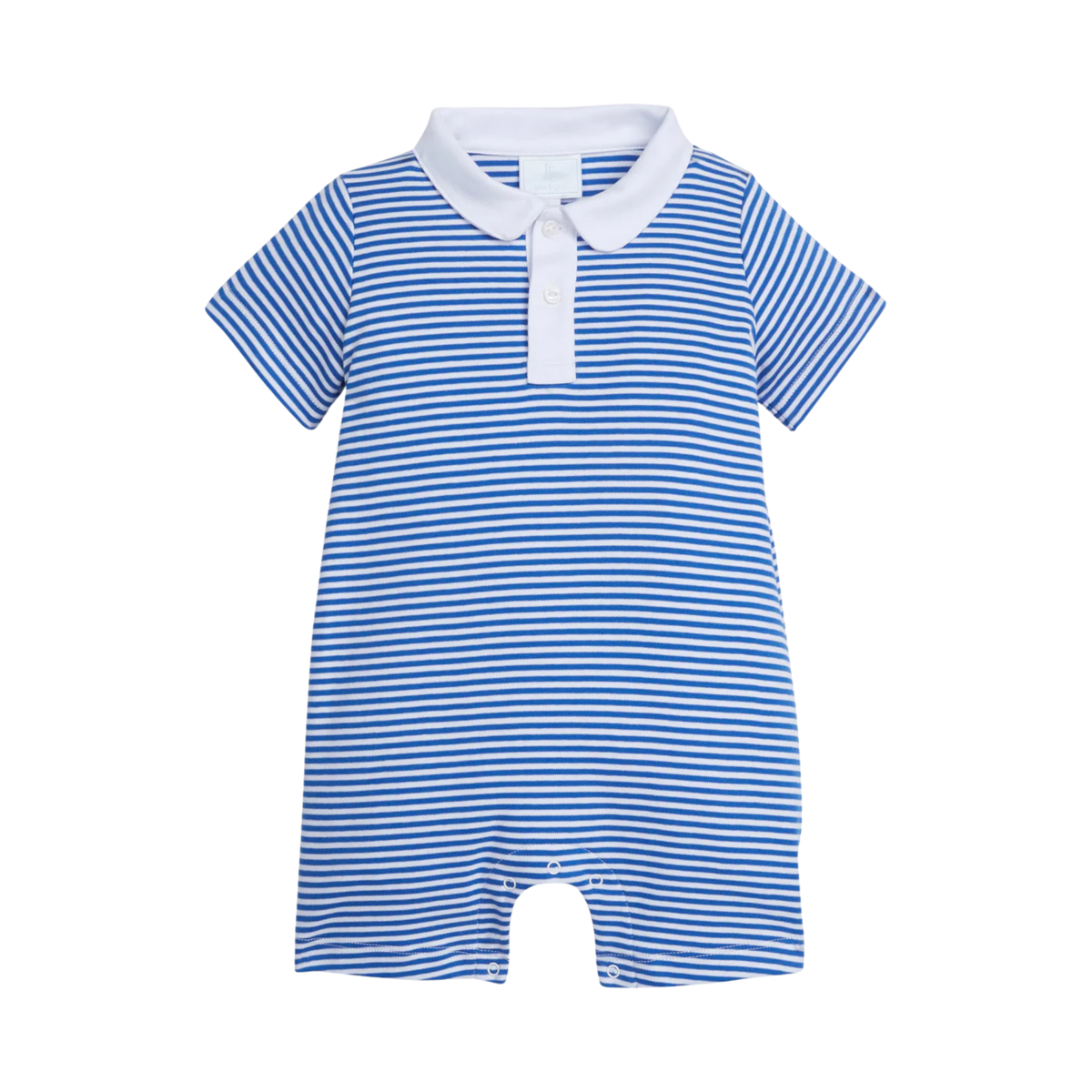 Blue and white striped baby romper with a white collar on a white background.