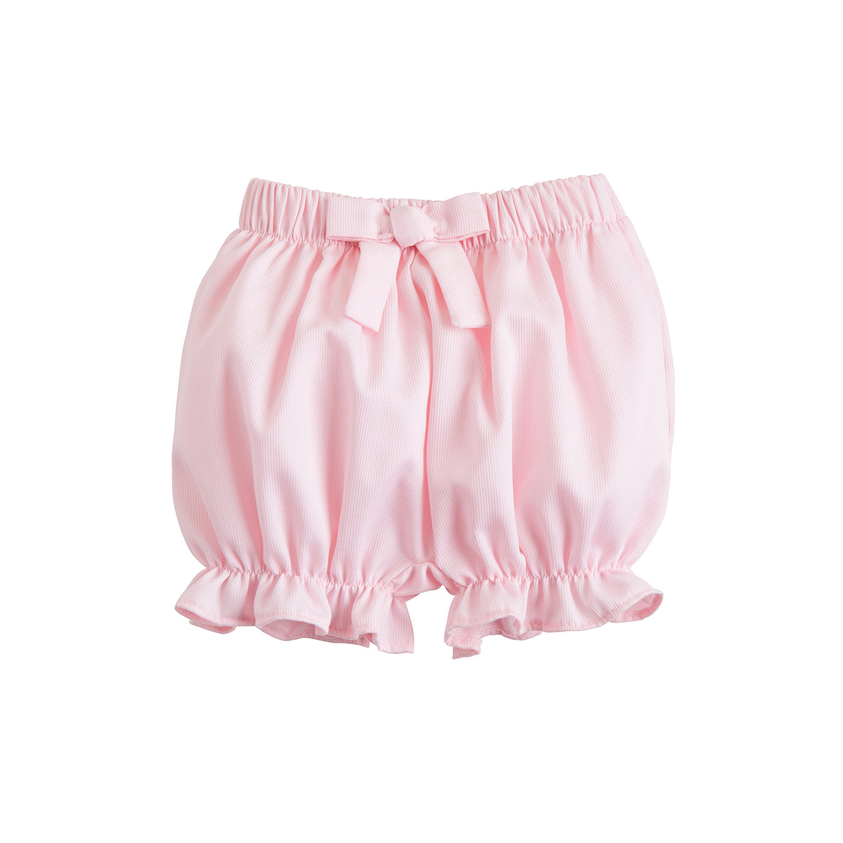 Pink baby bloomers with a bow on a white background