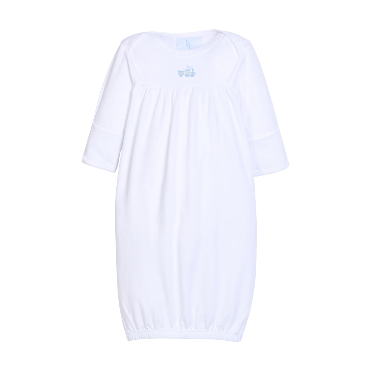 White baby converter gown with elastic at bottom and design on chest shown on a white background.