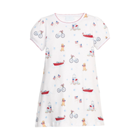 White pull-over dress with a colorful print of summer activities such as biking, boating, visiting the seashore on a white background.