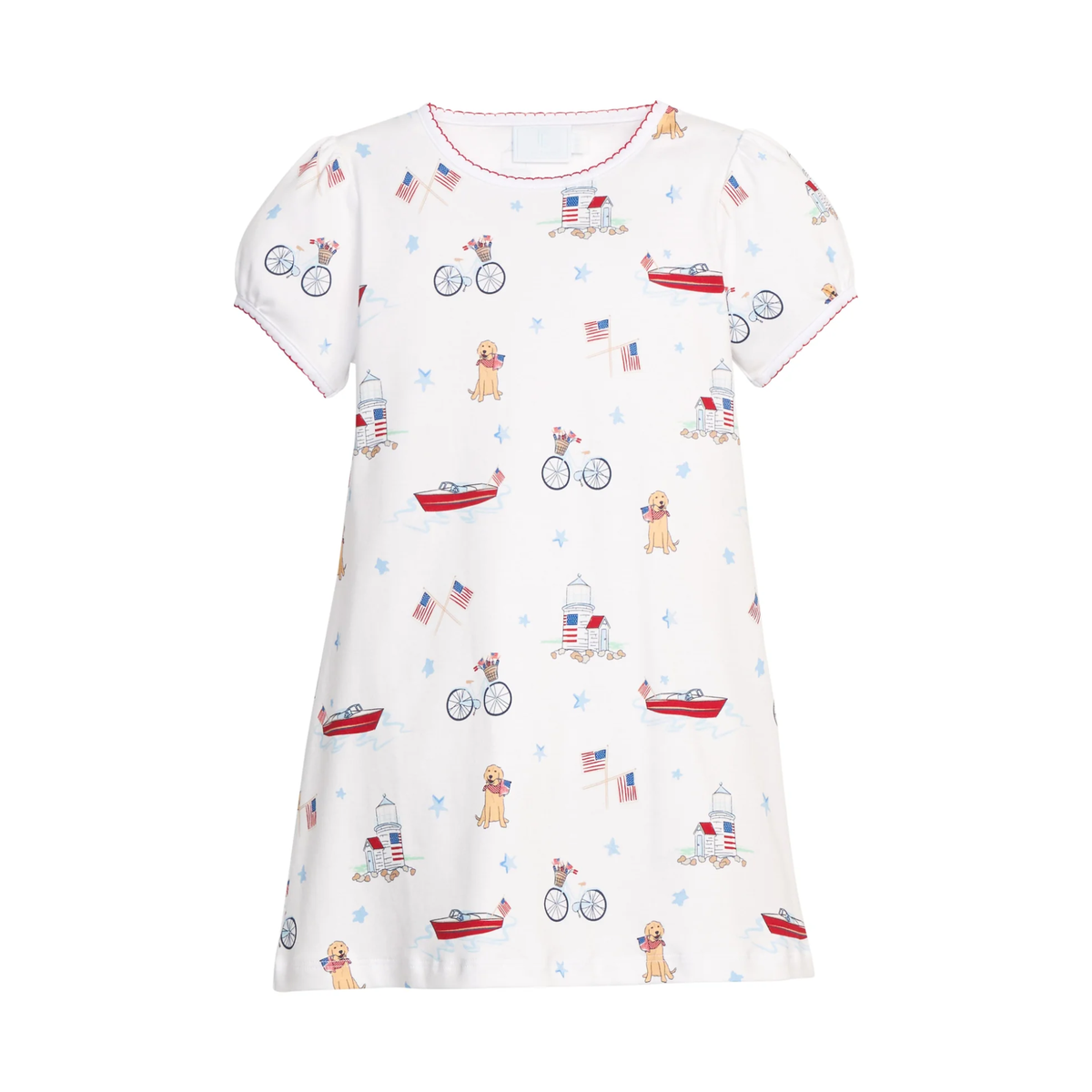 White pull-over dress with a colorful print of summer activities such as biking, boating, visiting the seashore on a white background.
