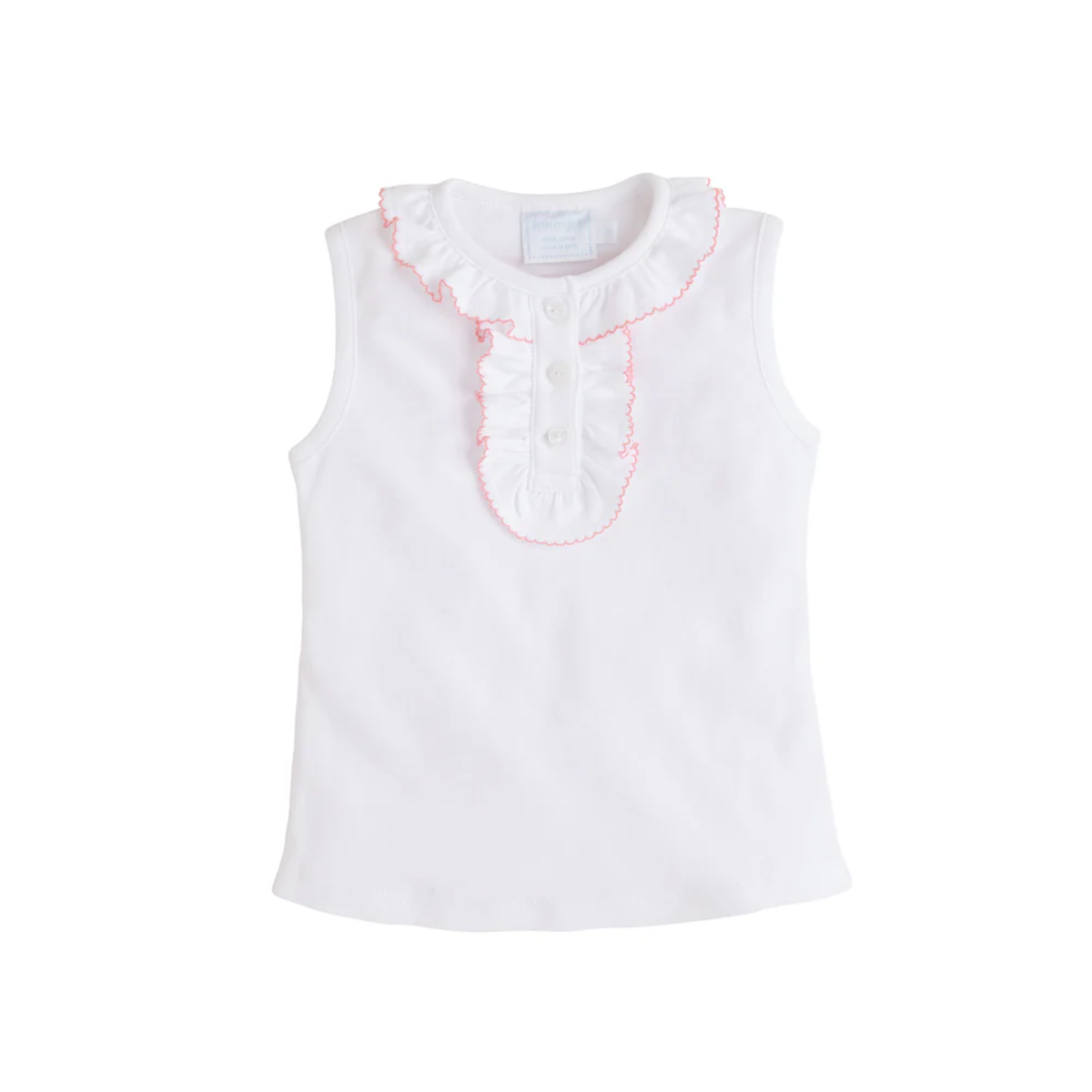 White sleeveless top with pink ruffled trim  on collar and placket on a white background.