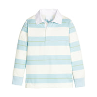 Long-sleeve rugby shirt with light teal blue and white stripes on a white background.