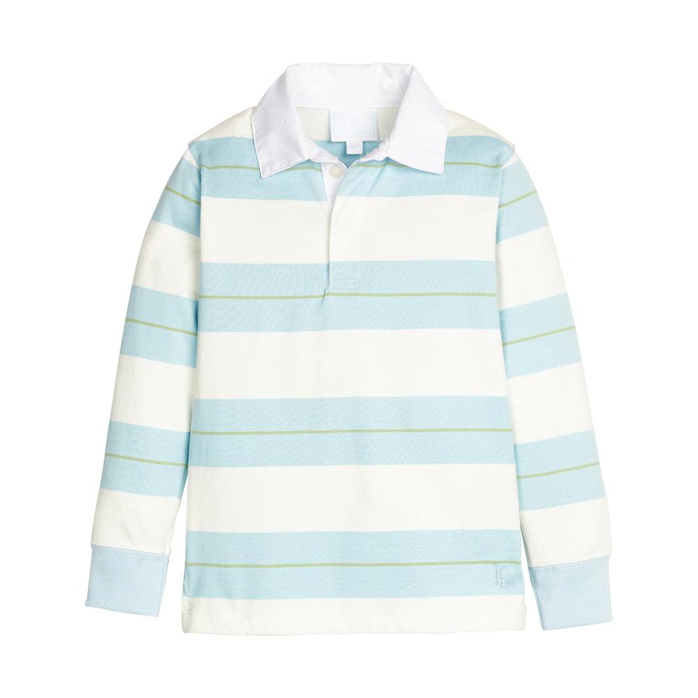 Long-sleeve rugby shirt with light teal blue and white stripes on a white background.