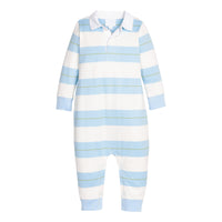 Teal and white striped baby romper with long sleeves on a white background.