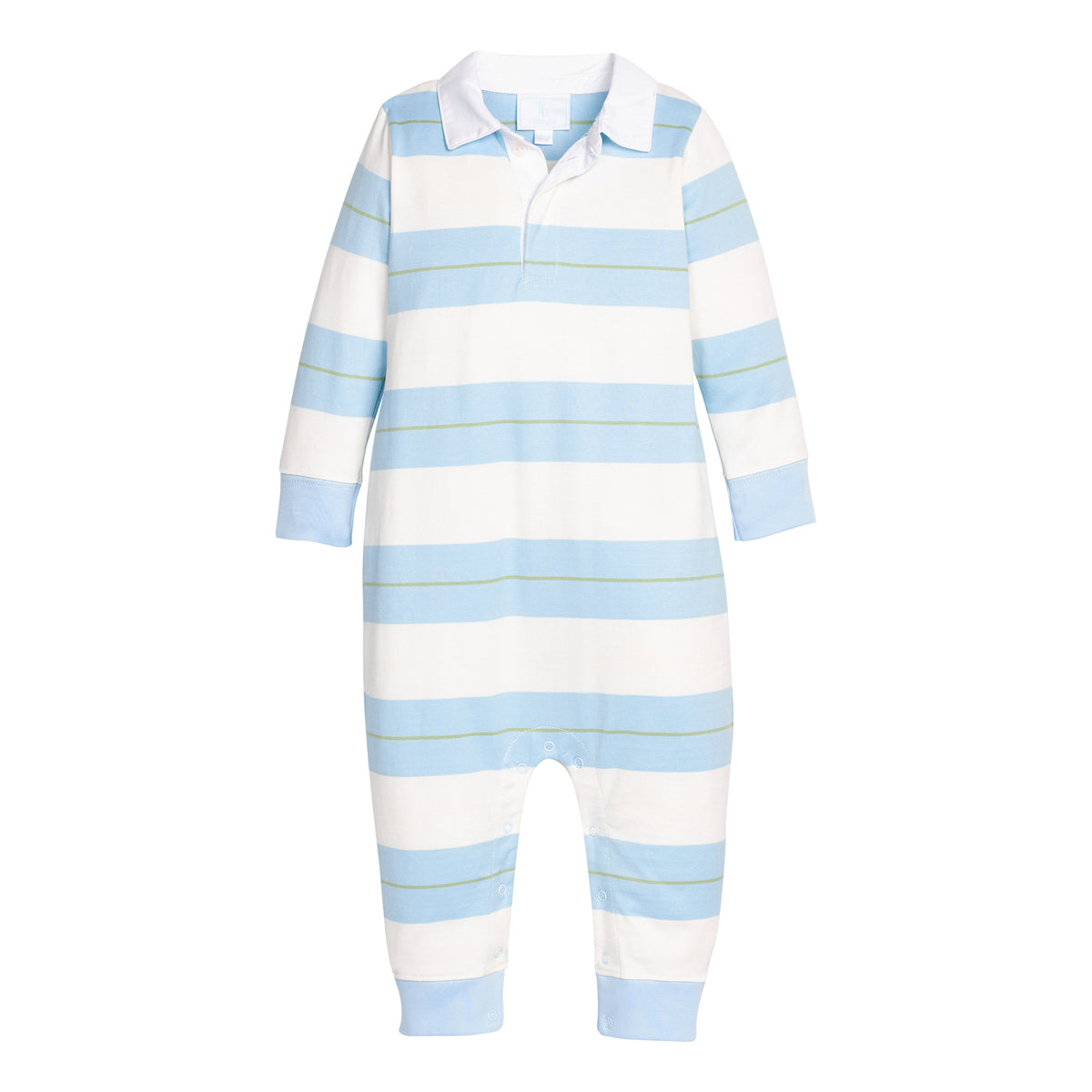 Teal and white striped baby romper with long sleeves on a white background.