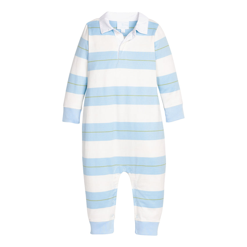 Teal and white striped baby romper with long sleeves on a white background.