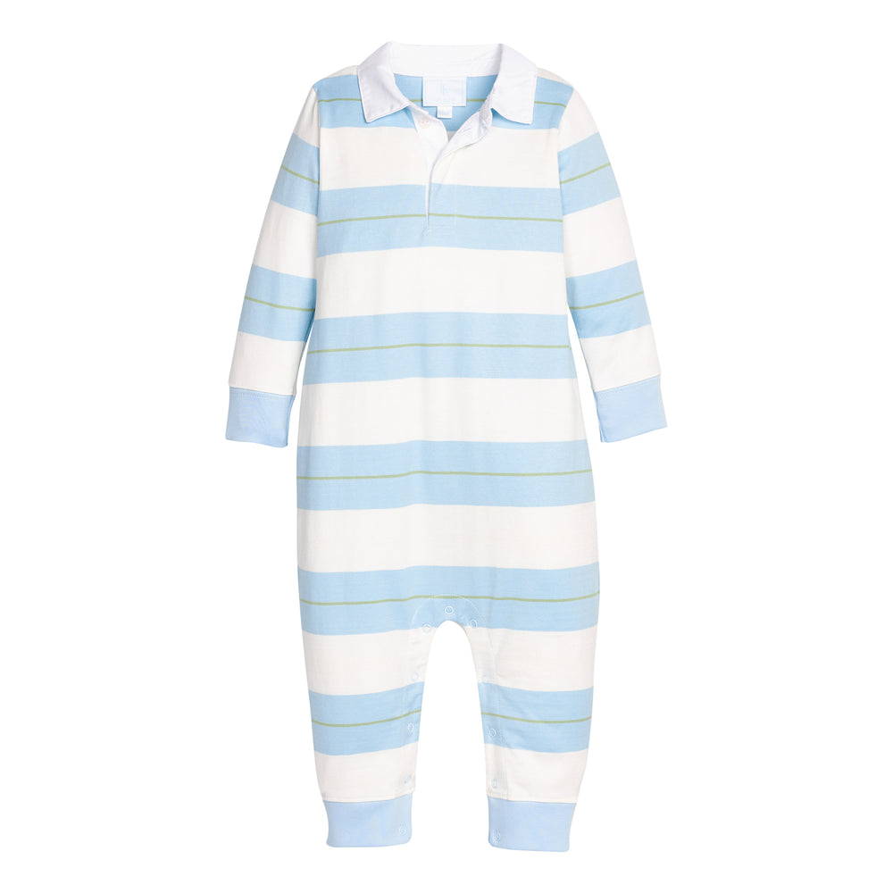 Teal and white striped baby romper with long sleeves on a white background.