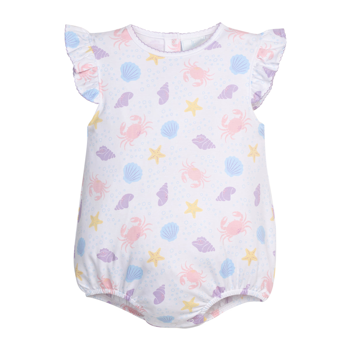 Baby romper with sea-themed print on a white background.